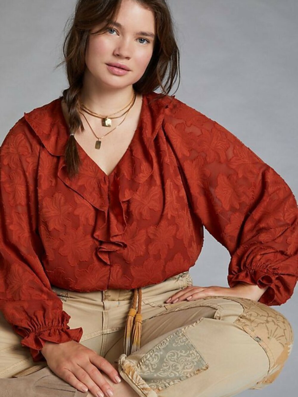 Anthropologie Textured Floral Blouse   crimson color 2x plus size new with tag